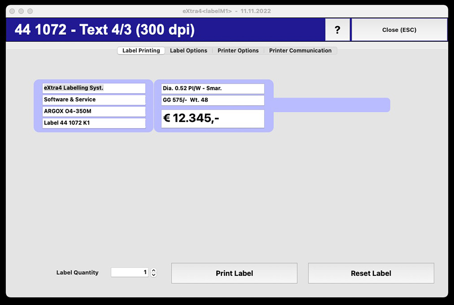 Fenster etikettendruck-software extra4-labelM1 Etiketten-Daten in Erfassungsmaske